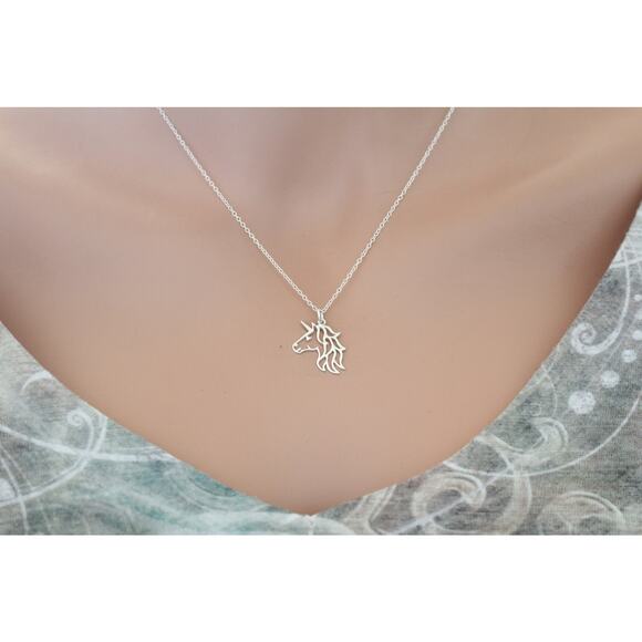 Sterling Silver Unicorn Charm - Openwork Unicorn Head Necklace, - Picture 5 of 5